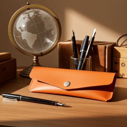 Orange Leather Pen Case Holder Jewellery Storage Case Hand sewn