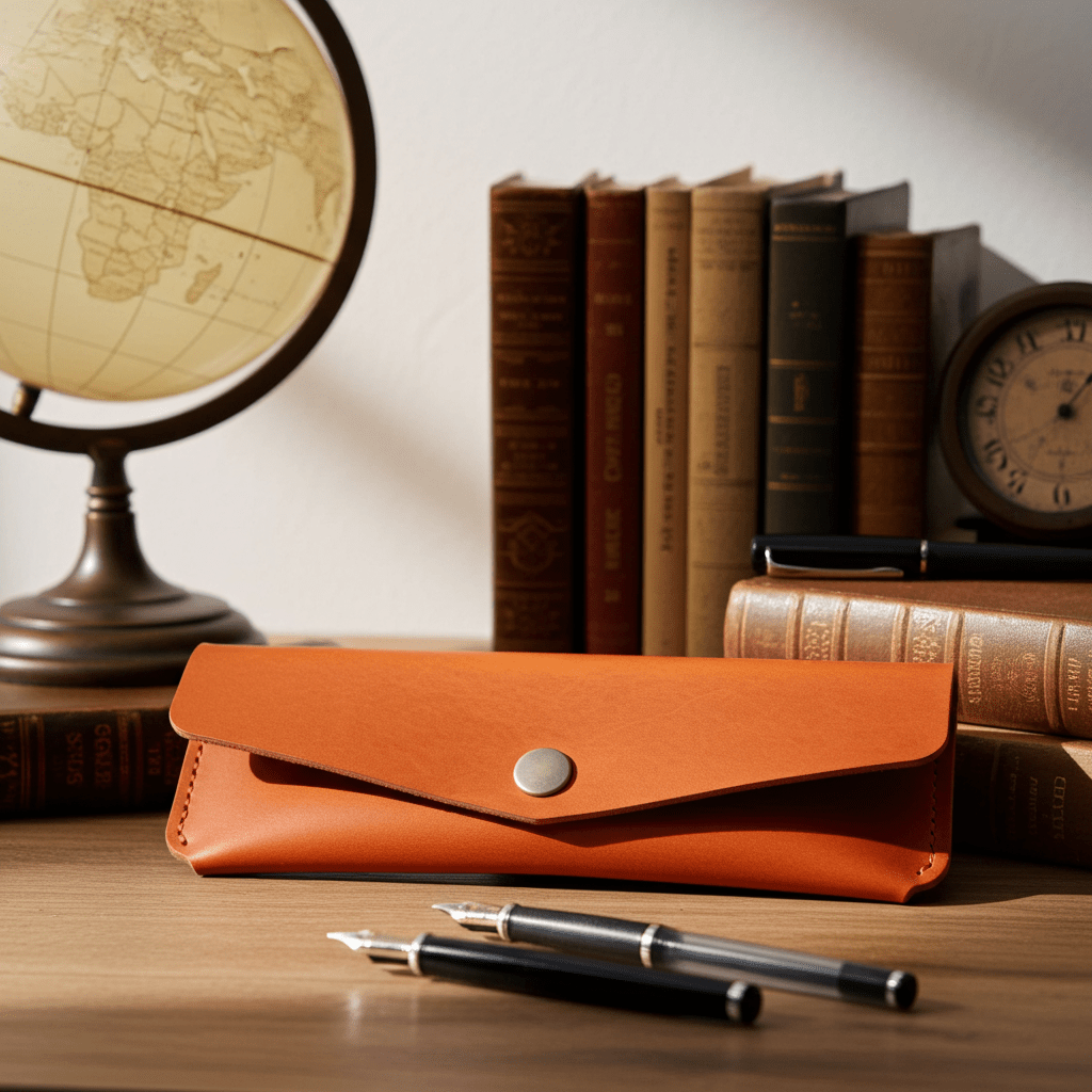 Orange Leather Pen Case Holder Jewellery Storage Case Hand sewn