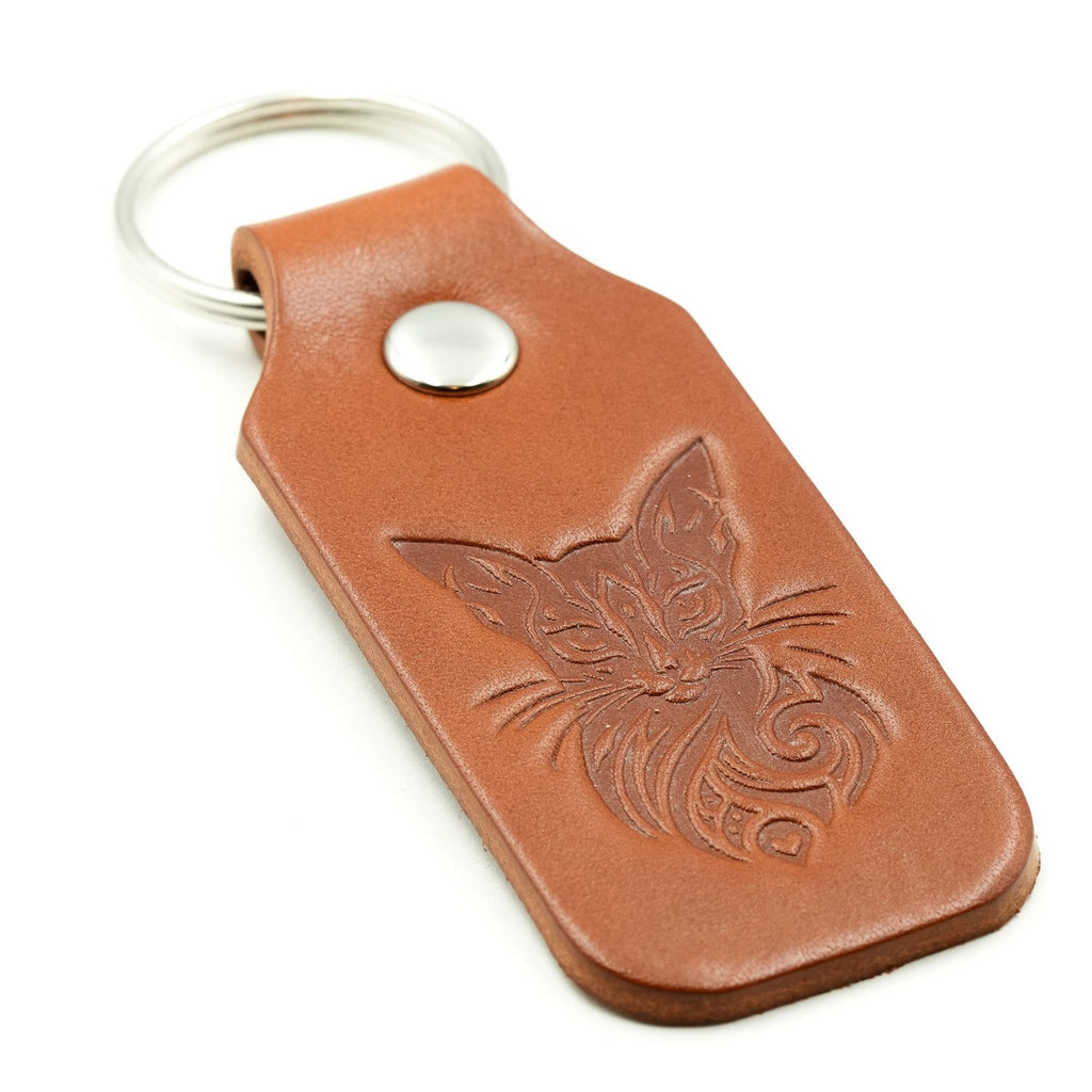 Leather Keyring Fob Mystic Cat Key Holder Bag Charm Good Luck Tan Colour