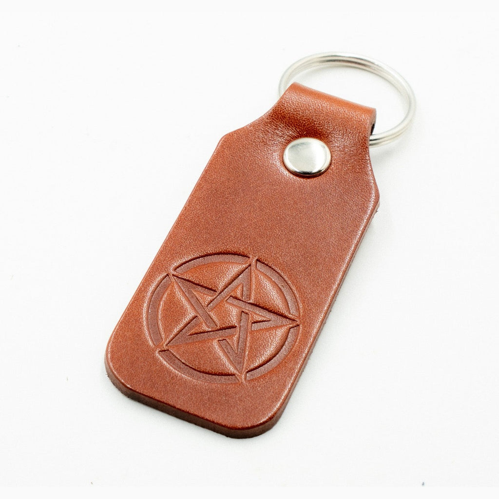 Leather Keyring Fob Pentacle key Holder Bag Charm Tan Colour