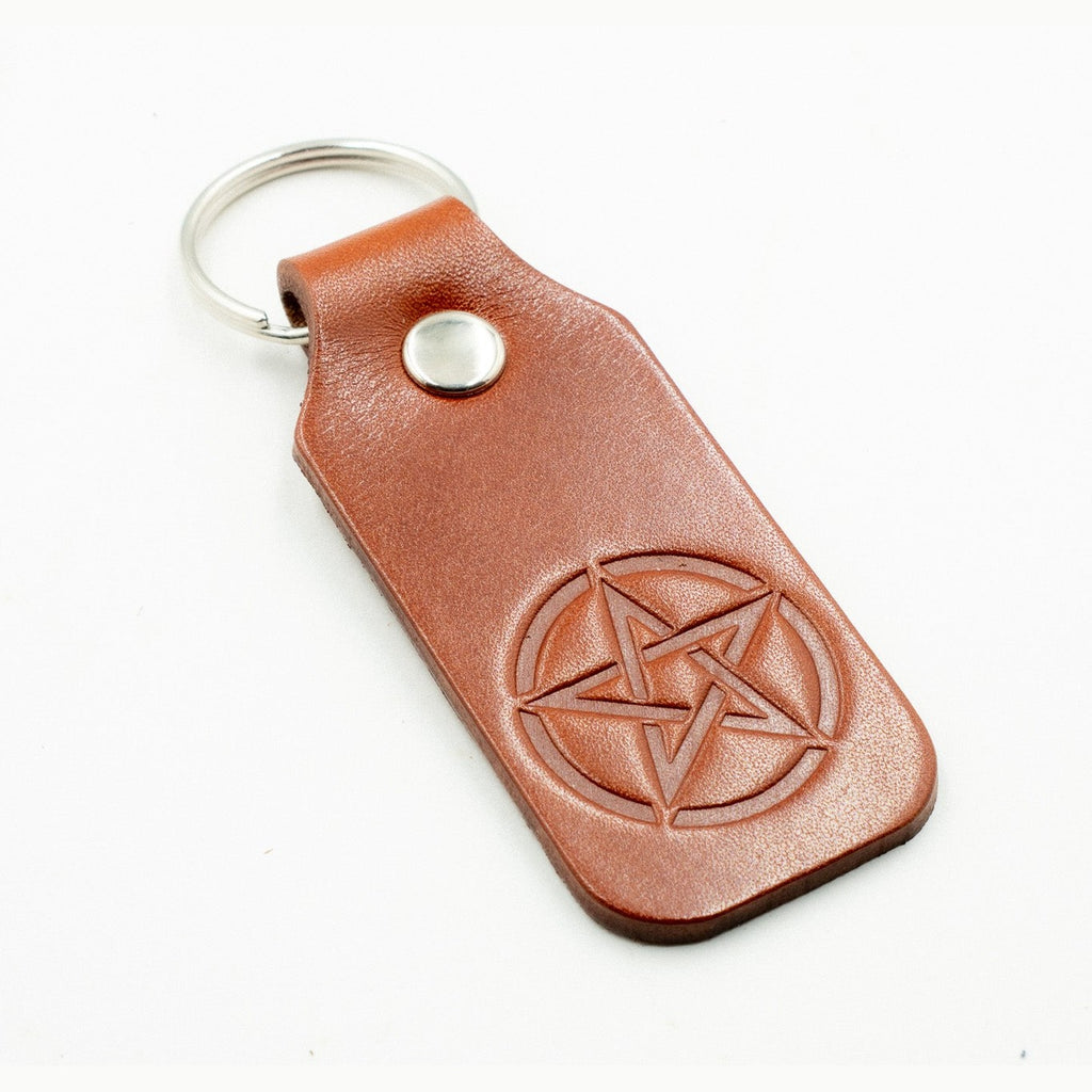 Leather Keyring Fob Pentacle key Holder Bag Charm Tan Colour