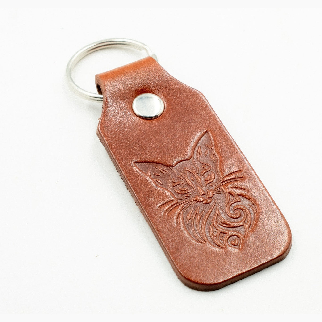 Leather Keyring Fob Mystic Cat Key Holder Bag Charm Good Luck Tan Colour