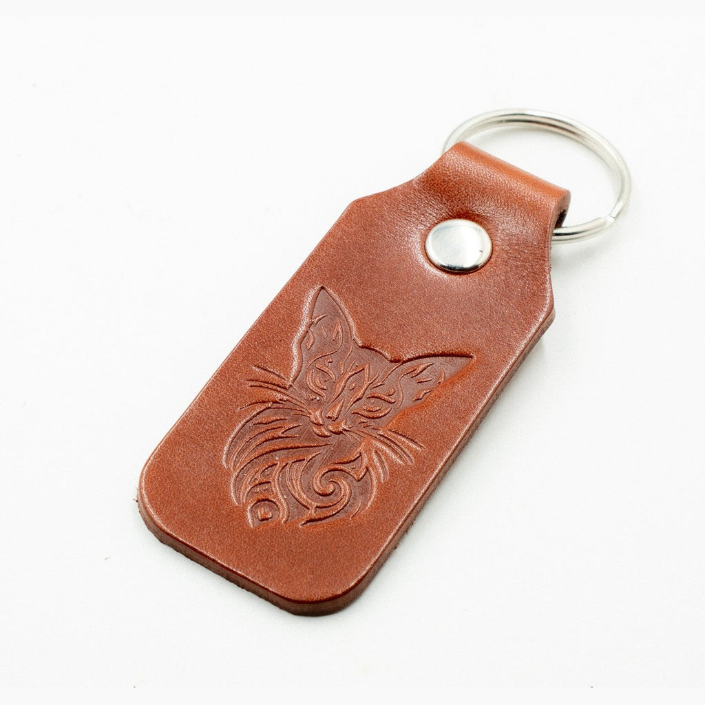 Leather Keyring Fob Mystic Cat Key Holder Bag Charm Good Luck Tan Colour