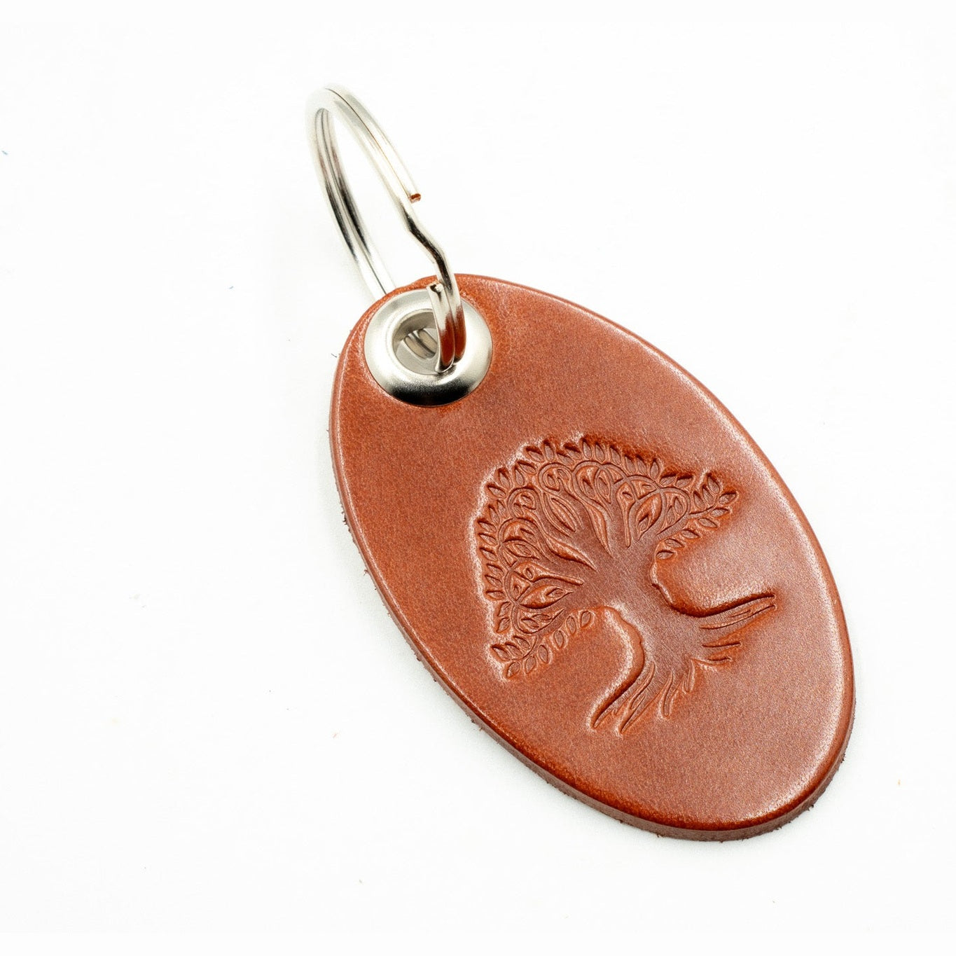 Leather keyring Bag Charm Oval Tree of Life Design Tan Colour