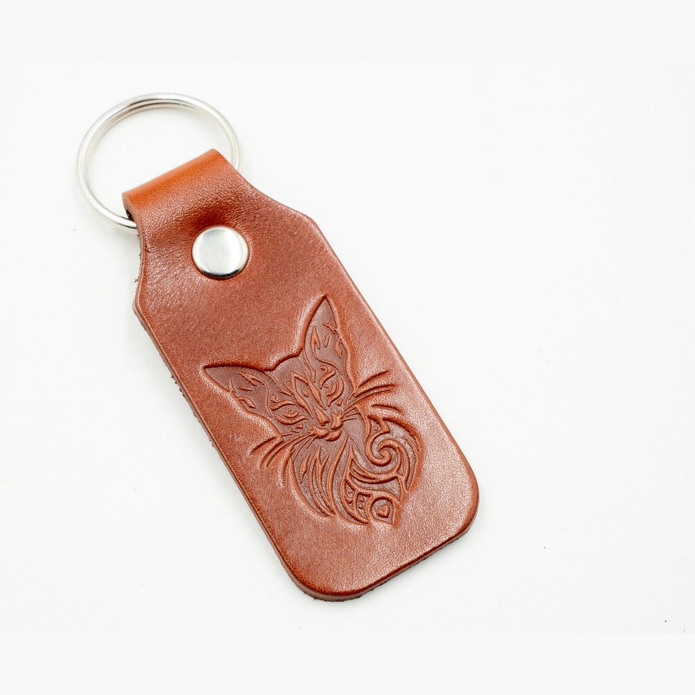 Leather Keyring Fob Mystic Cat Key Holder Bag Charm Good Luck Tan Colour