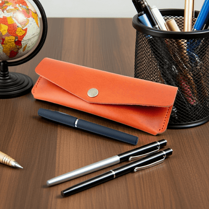 Orange Leather Pen Case Holder Jewellery Storage Case Hand sewn