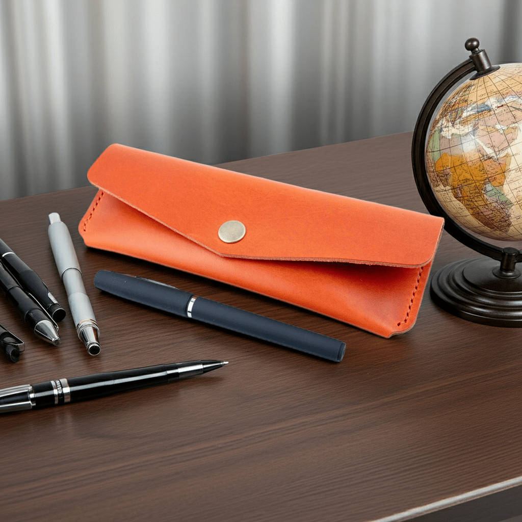 Orange Leather Pen Case Holder Jewellery Storage Case Hand sewn