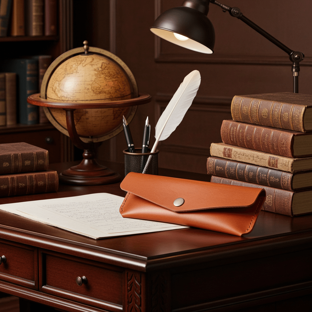 Orange Leather Pen Case Holder Jewellery Storage Case Hand sewn