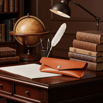 Orange Leather Pen Case Holder Jewellery Storage Case Hand sewn