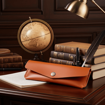 Orange Leather Pen Case Holder Jewellery Storage Case Hand sewn