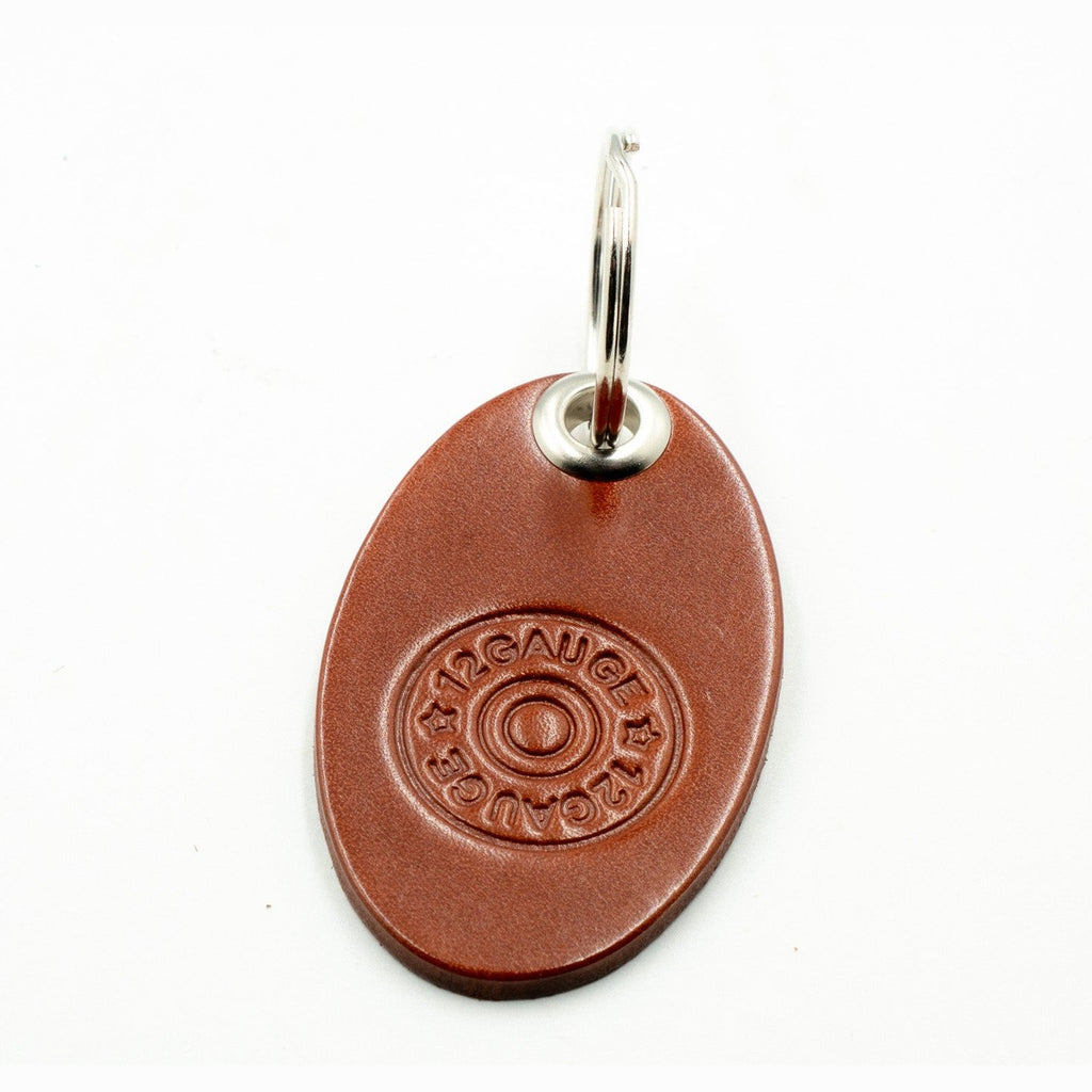 Leather keyring Gun Cabinet Keys 12 Gauge Cartridge Design Tan Colour