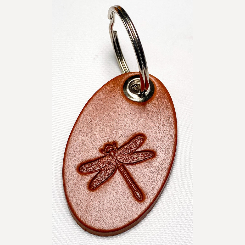 Leather keyring Bag Charm Oval Dragonfly Design Tan Colour