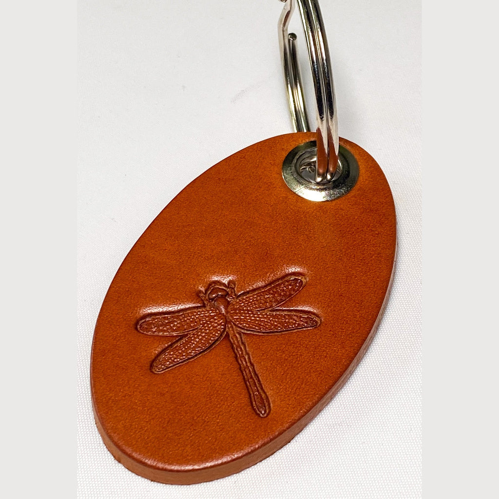 Leather keyring Bag Charm Oval Dragonfly Design Tan Colour