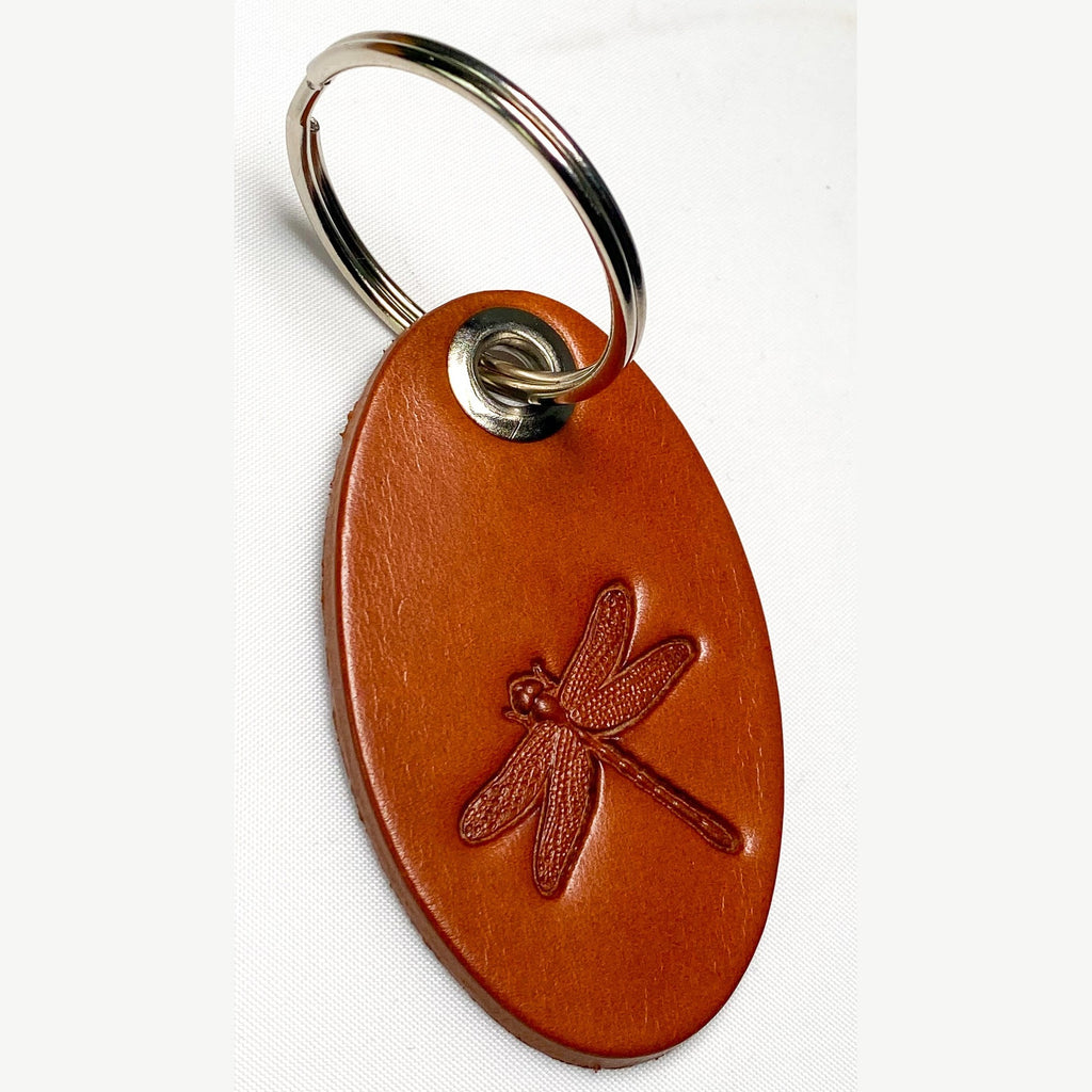 Leather keyring Bag Charm Oval Dragonfly Design Tan Colour