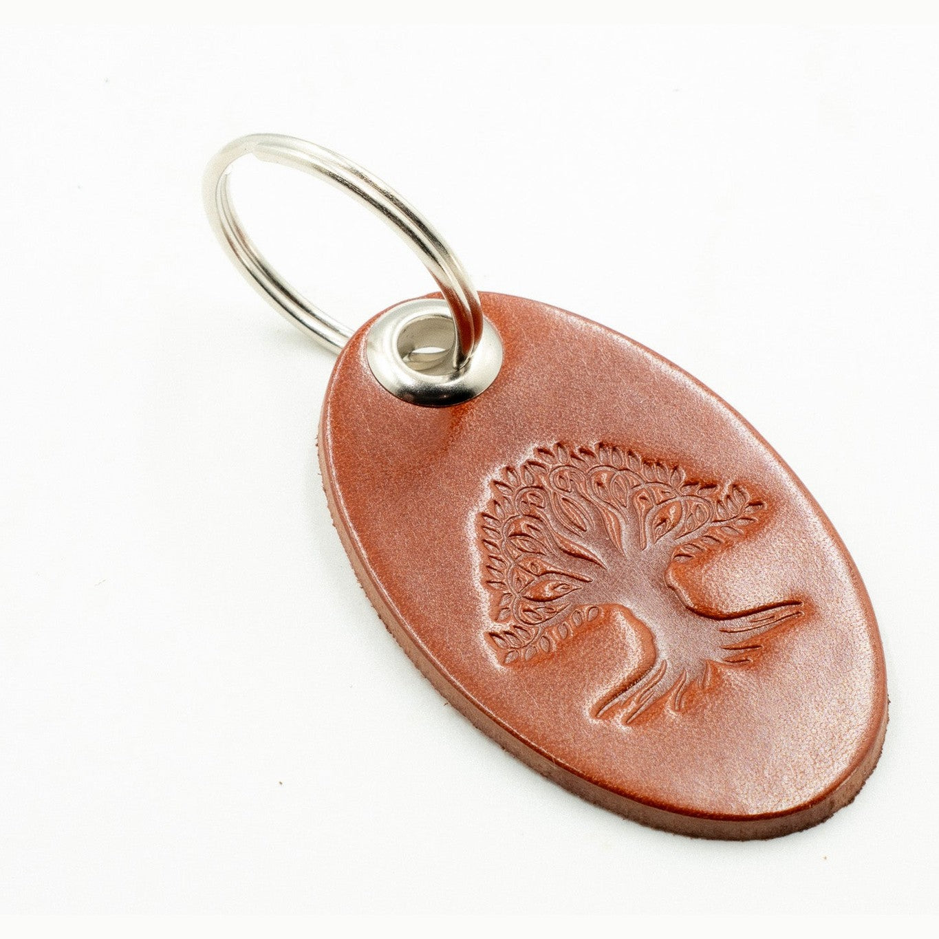 Leather keyring Bag Charm Oval Tree of Life Design Tan Colour