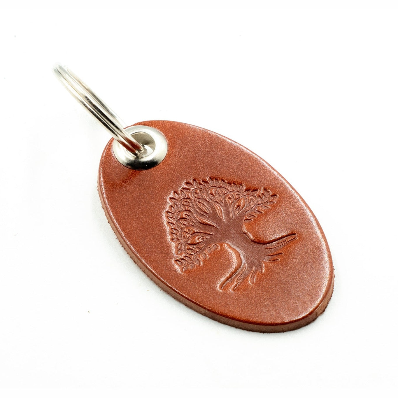 Leather keyring Bag Charm Oval Tree of Life Design Tan Colour