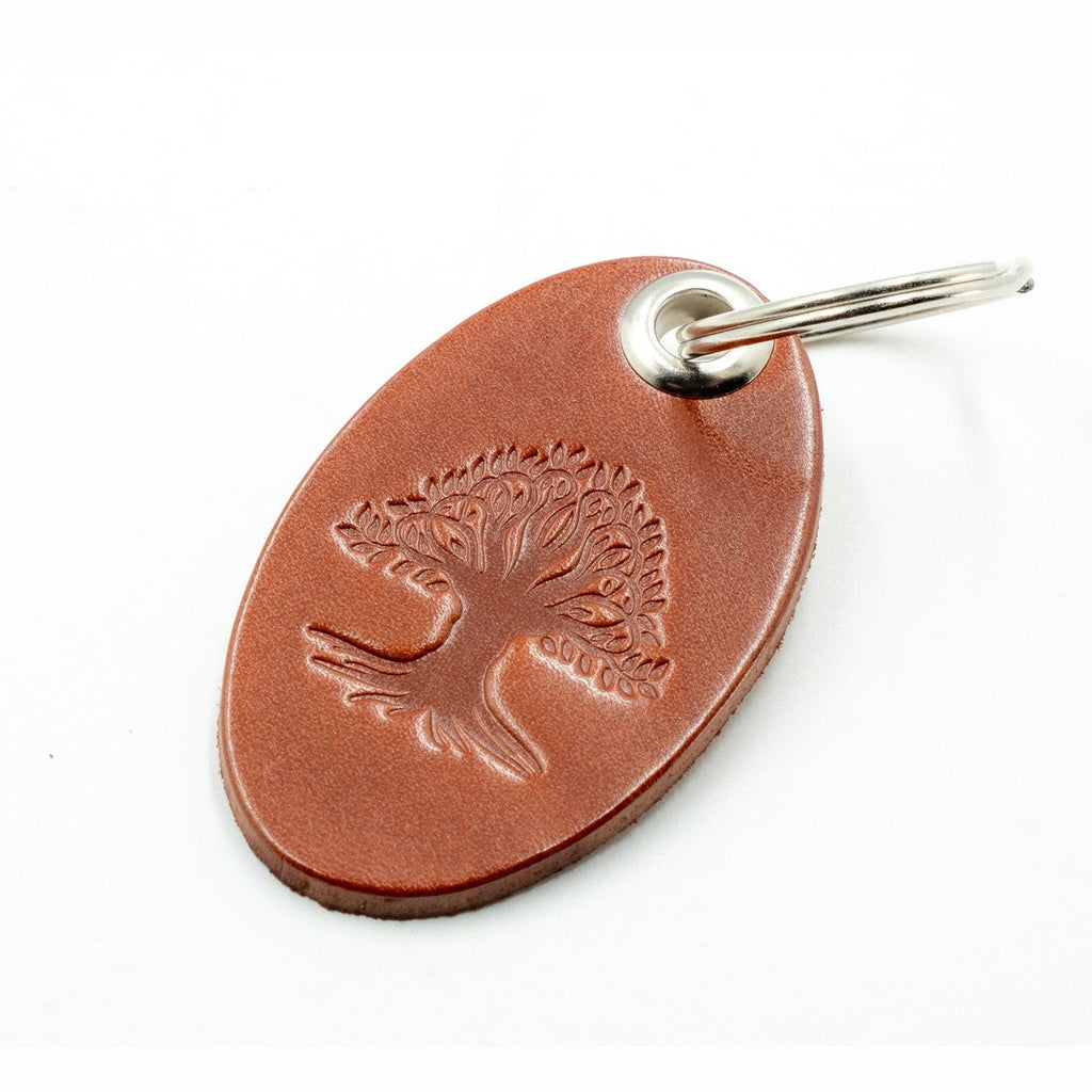 Leather keyring Bag Charm Oval Tree of Life Design Tan Colour