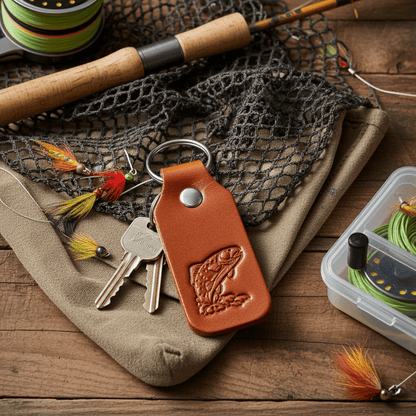 Leather Keyring Fob Fishing Holder Bag Charm Good Luck Tan Colour
