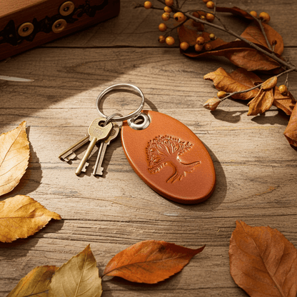 Leather keyring Bag Charm Oval Tree of Life Design Tan Colour
