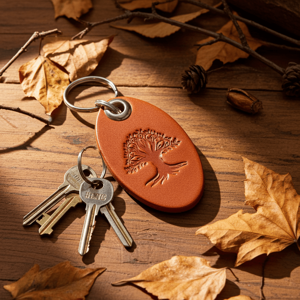 Leather keyring Bag Charm Oval Tree of Life Design Tan Colour