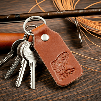 Leather Keyring Fob Fishing Holder Bag Charm Good Luck Tan Colour