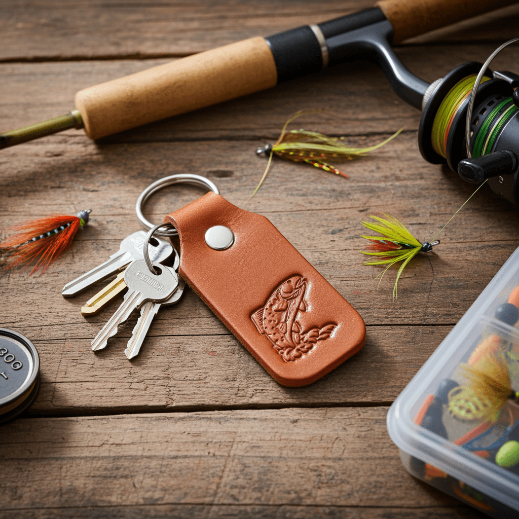 Leather Keyring Fob Fishing Holder Bag Charm Good Luck Tan Colour
