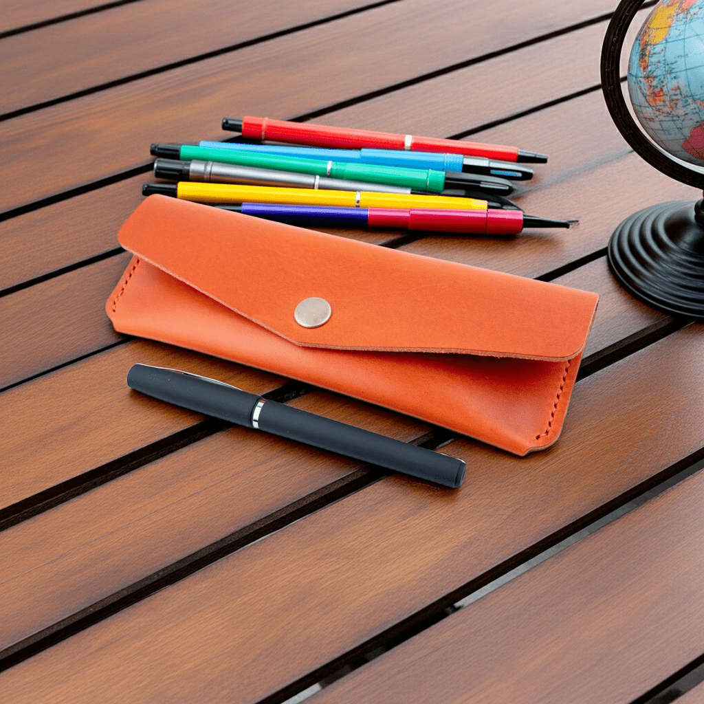 Orange Leather Pen Case Holder Jewellery Storage Case Hand sewn