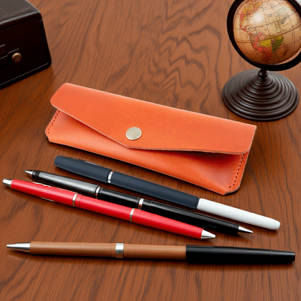 Orange Leather Pen Case Holder Jewellery Storage Case Hand sewn
