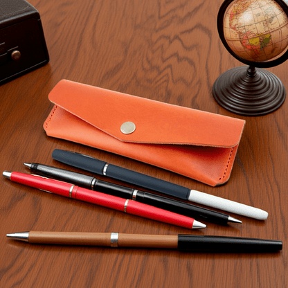 Orange Leather Pen Case Holder Jewellery Storage Case Hand sewn