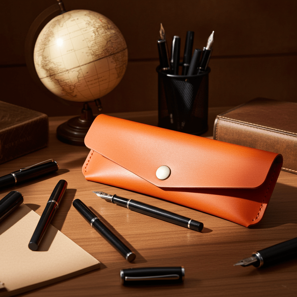 Orange Leather Pen Case Holder Jewellery Storage Case Hand sewn
