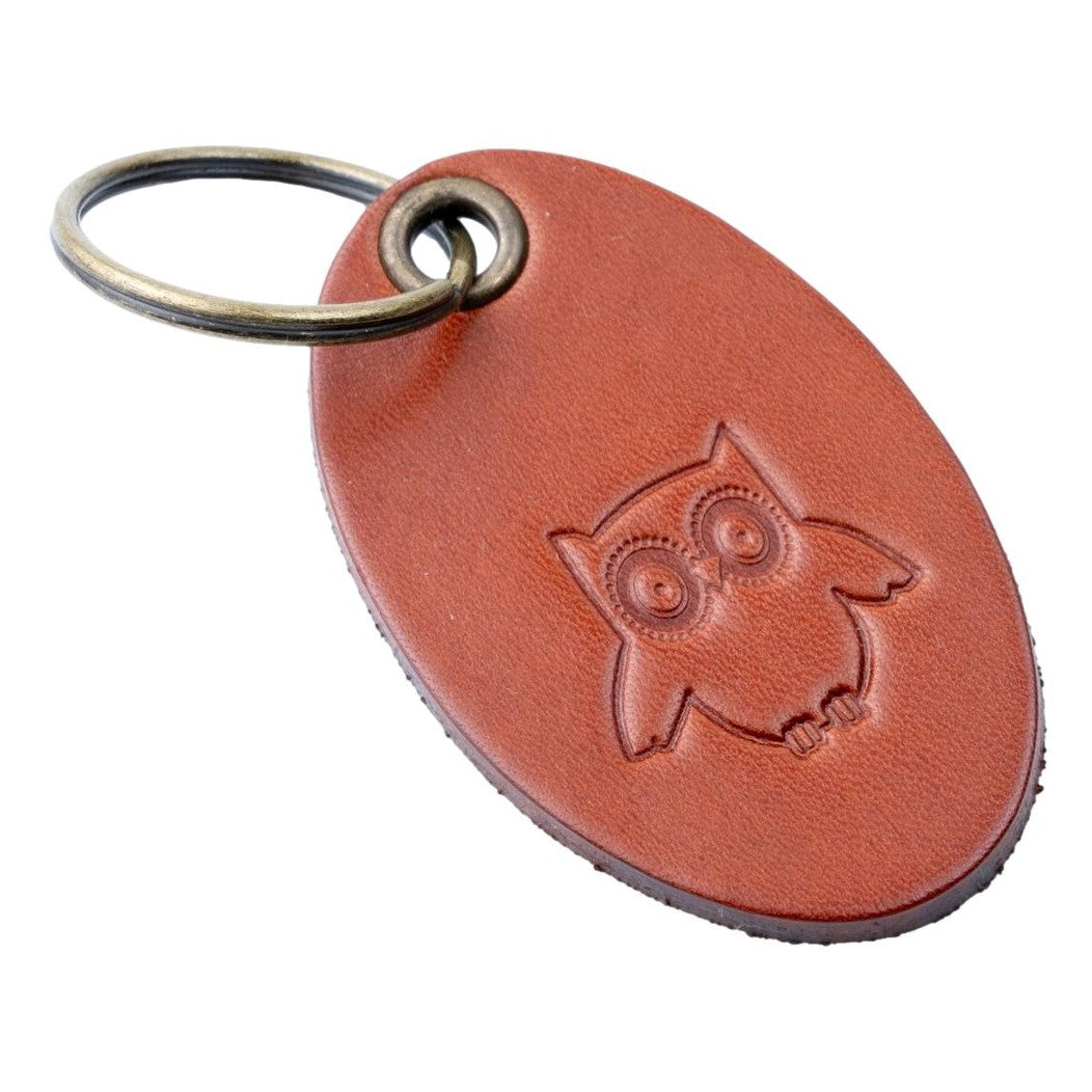 Leather keyring Bag Charm Owl Design Tan Colour