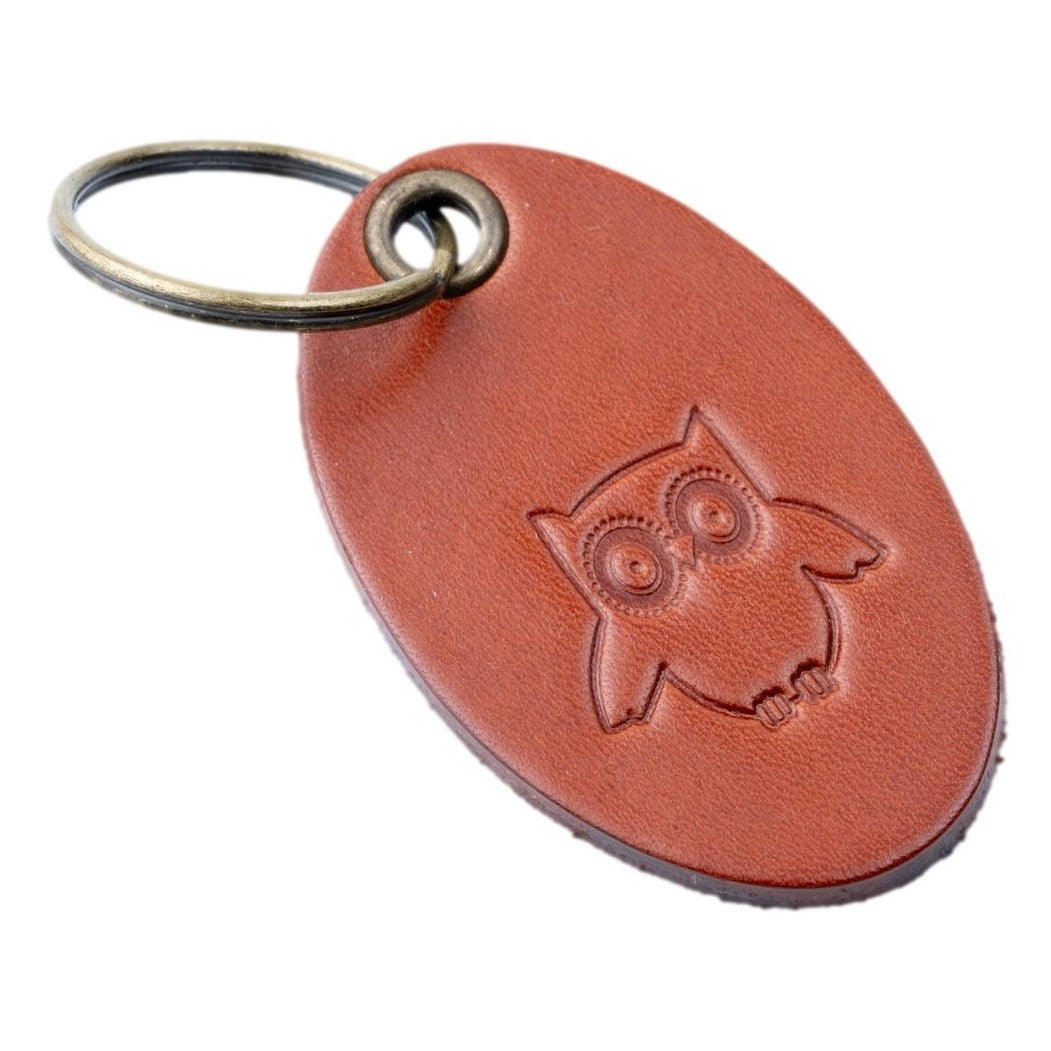 Leather keyring Bag Charm Owl Design Tan Colour