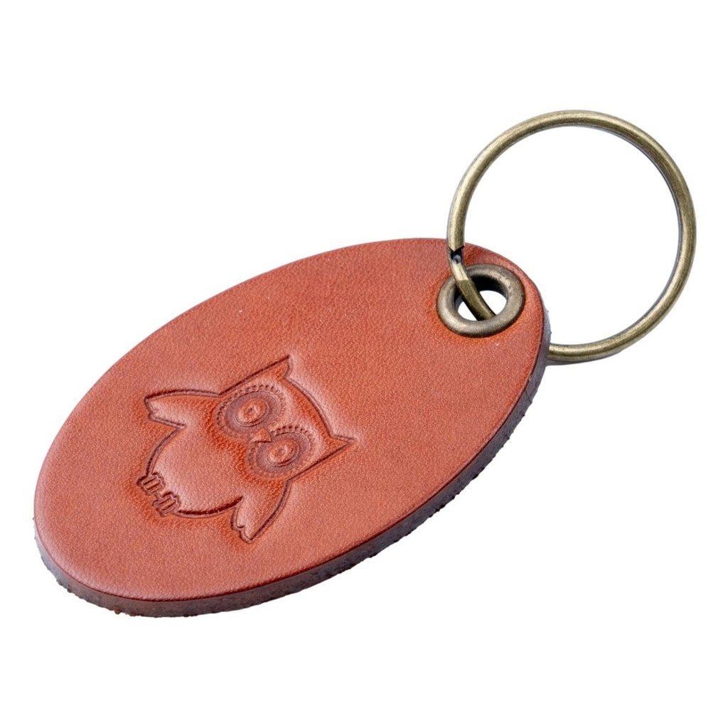 Leather keyring Bag Charm Owl Design Tan Colour
