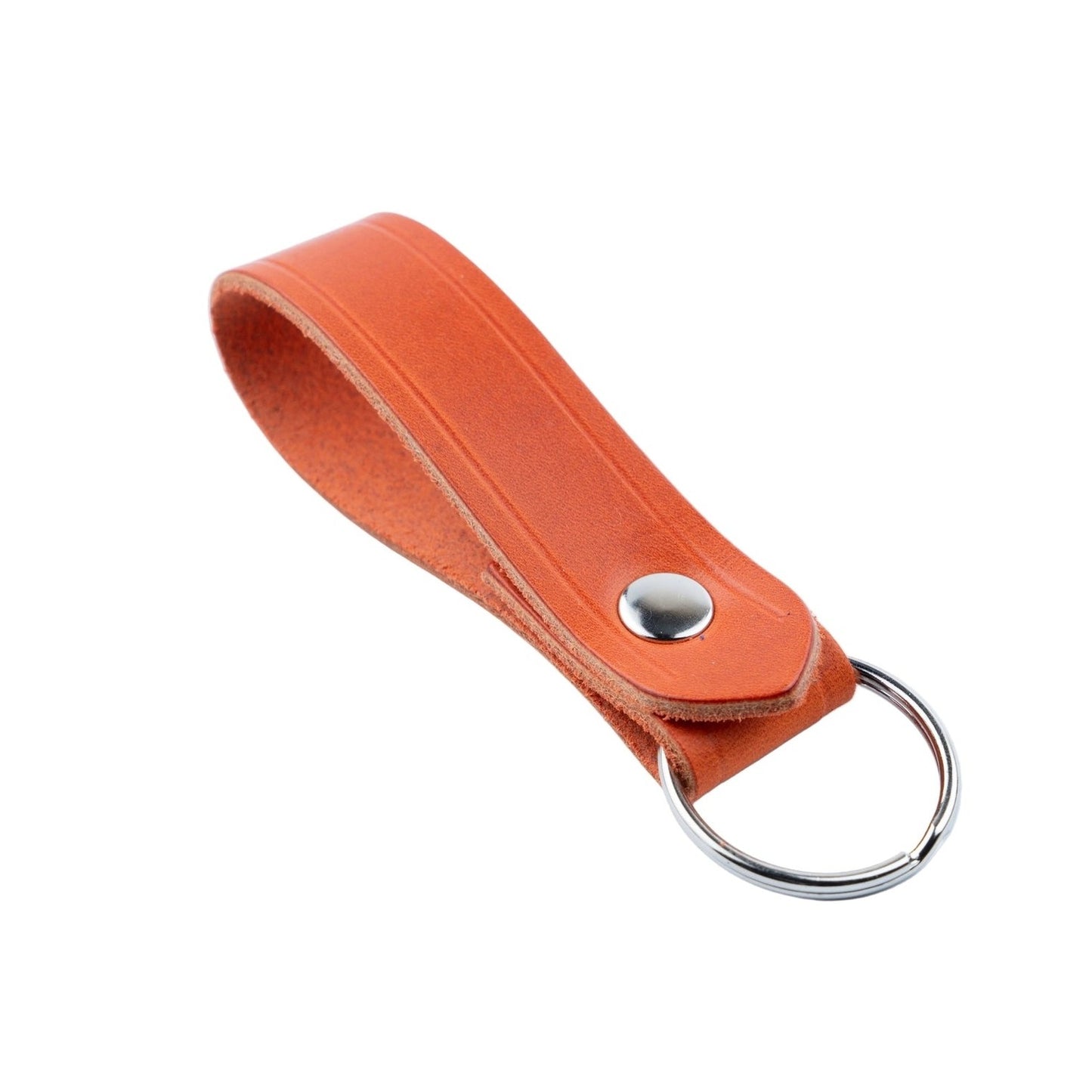 Orange leather keychain with a metal ring on a WHITE background