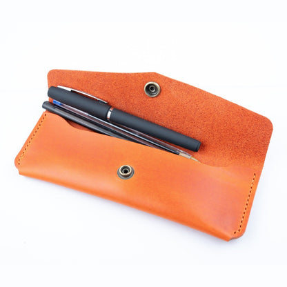 Orange Leather Pen Case Holder Jewellery Storage Case Hand sewn