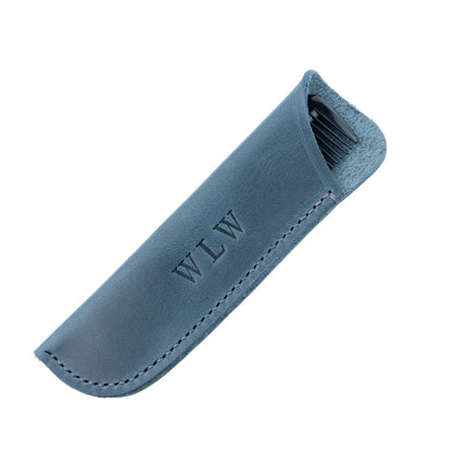 blue leather knife sheath with 'WLW' initials on a white background