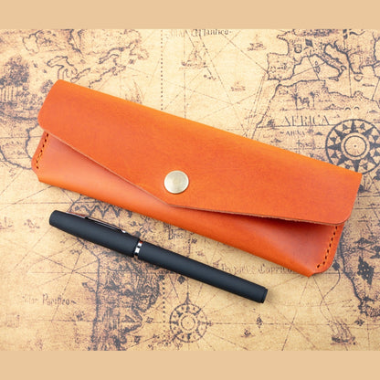 Orange Leather Pen Case Holder Jewellery Storage Case Hand sewn